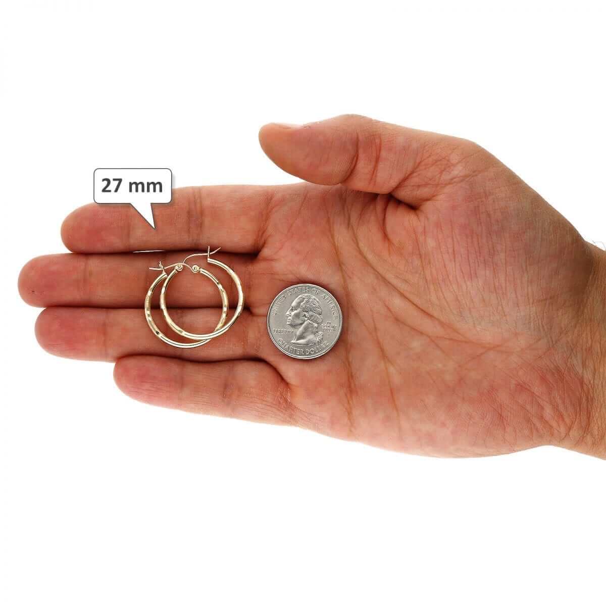 14K Yellow Gold 2mm Diamond-Cut Round Hoop Earrings 22-76mm