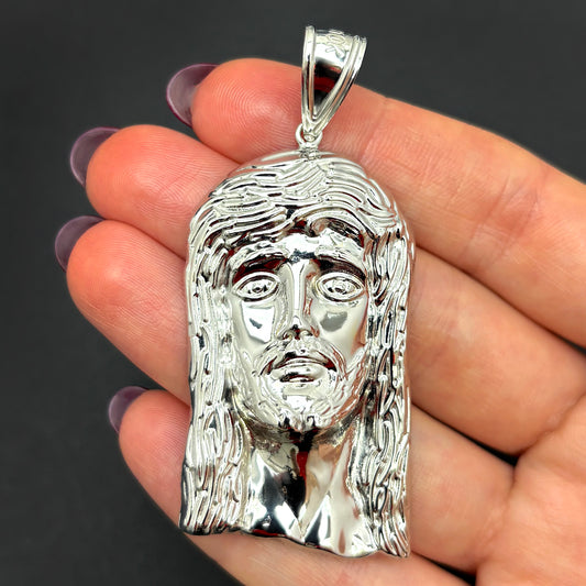 10K White Gold Diamond-Cut Jesus Head Religious Pendant 2.5"