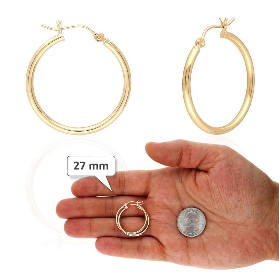 14K Yellow White Gold 2mm Round Hoop Earrings 22mm-76mm