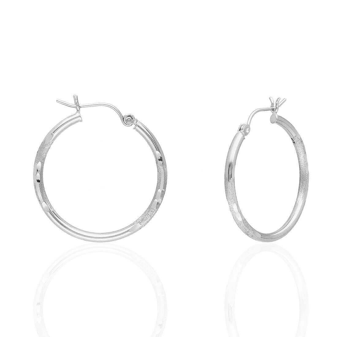 14K White Gold 2mm Diamond-Cut Round Hoop Earrings 22-76mm