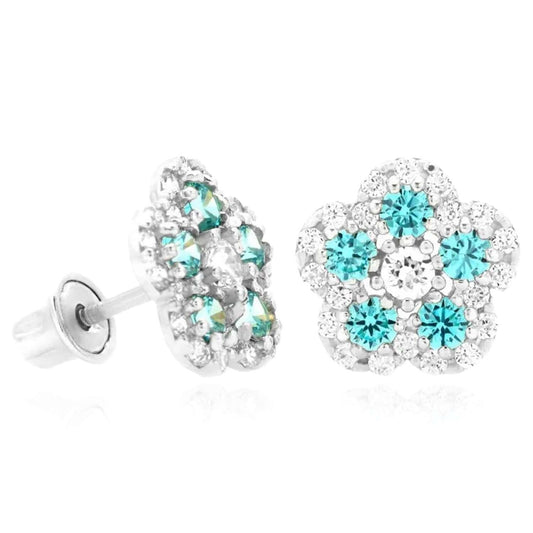 CZ & Blue Topaz Flower Shape Cluster Stud Earrings 14k White Gold
