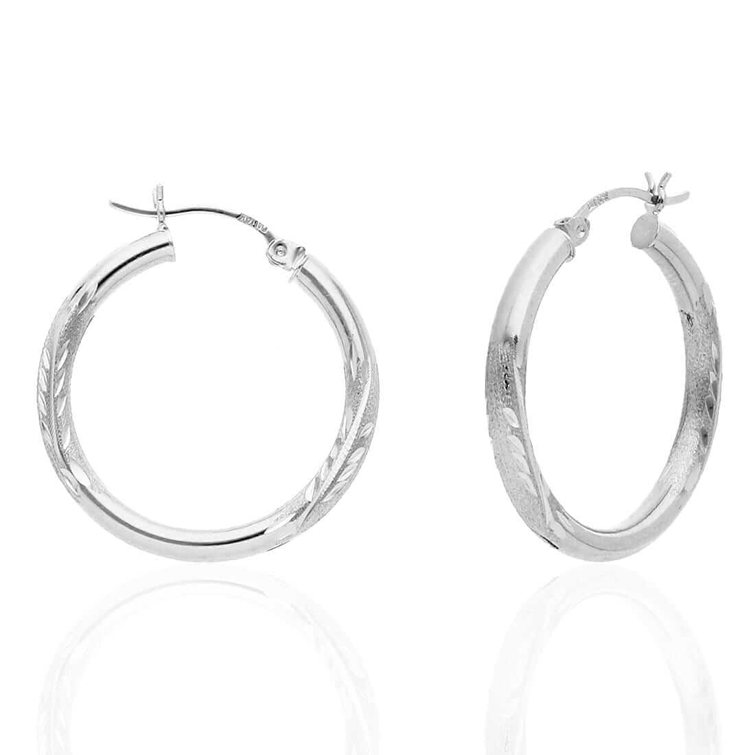 14K Solid Yellow & White Gold 3mm Diamond-Cut Finish Hoop Earrings 19-75mm