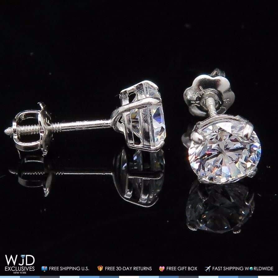 2CTW CZ Round 14K White Gold Screw Back Stud Earrings 6mm