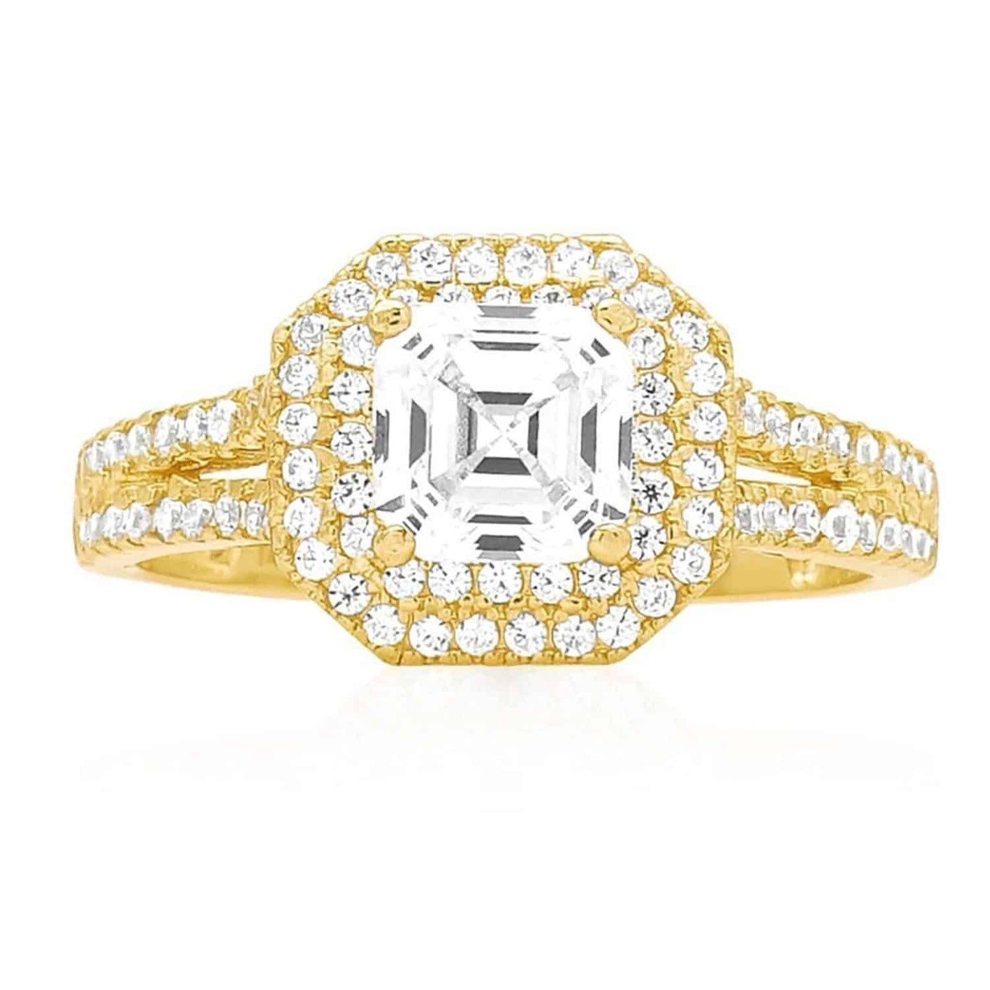 2Ct CZ Asscher-Cut Halo 14K Gold Yellow Prong Engagement Ring