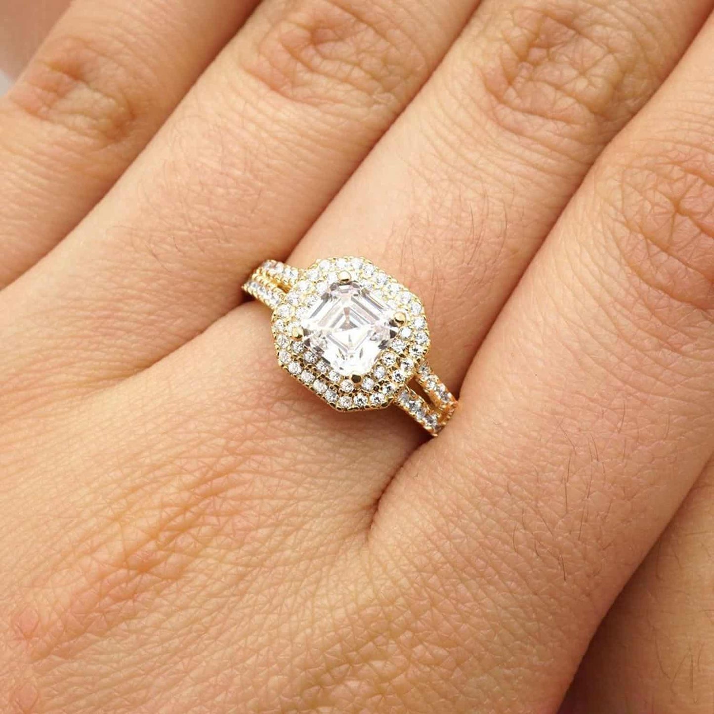 2Ct CZ Asscher-Cut Halo 14K Gold Yellow Prong Engagement Ring