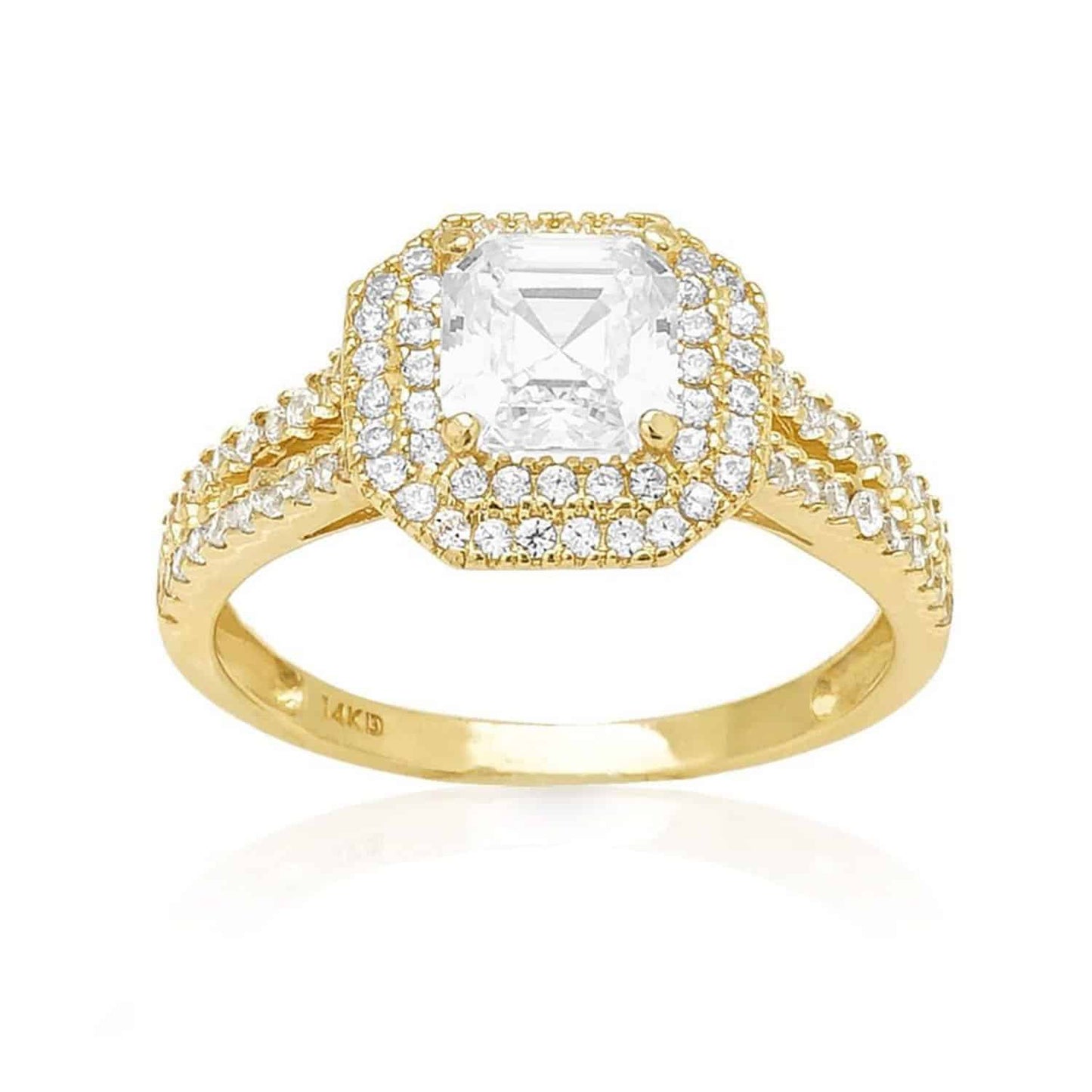 2Ct CZ Asscher-Cut Halo 14K Gold Yellow Prong Engagement Ring