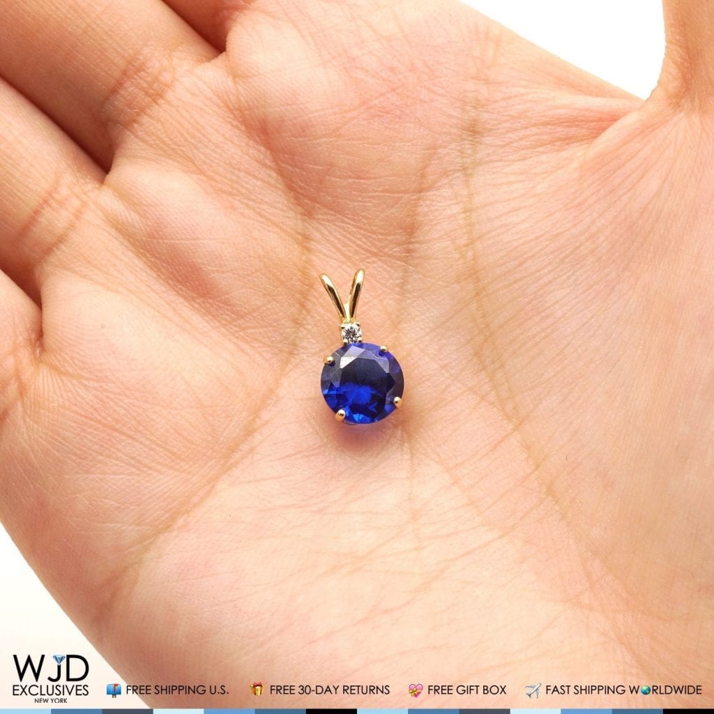 2Ct CZ And Blue Sapphire Solitaire Charm Pendant 14k Yellow Gold
