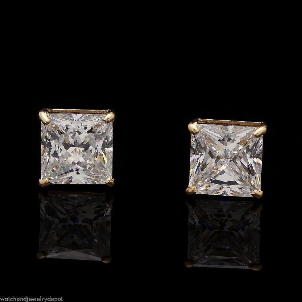 2CTW CZ 14K Yellow Gold Princess-Cut Solitaire Stud Earrings 6mm