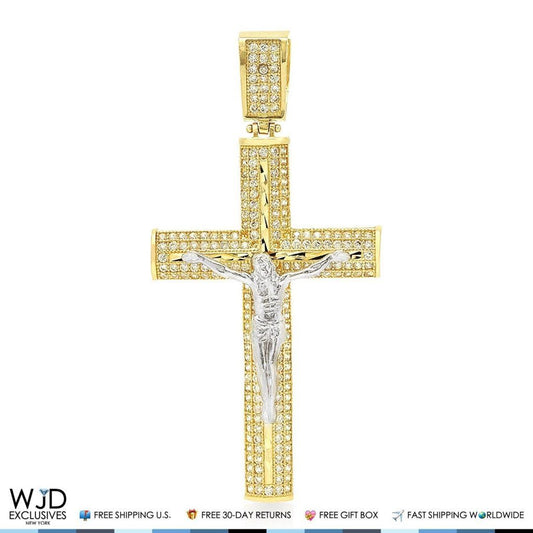 2Ct Created Diamond Jesus Crucifix Cross Charm Pendant Two-Tone Solid 14K Gold