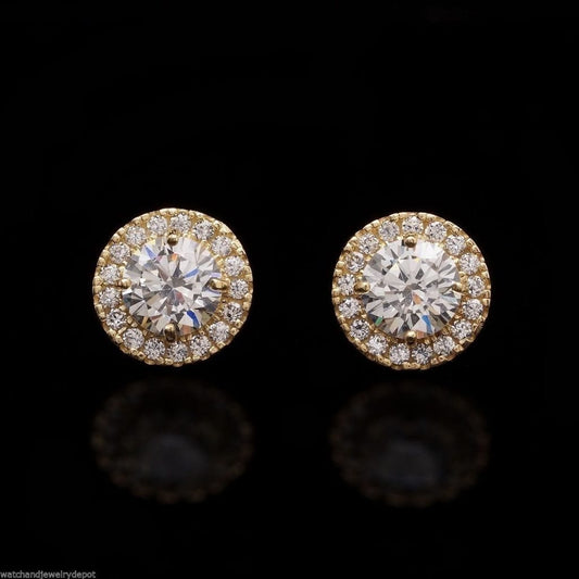 14K Gold CZ Halo Cluster Push Back Stud Earrings 9mm