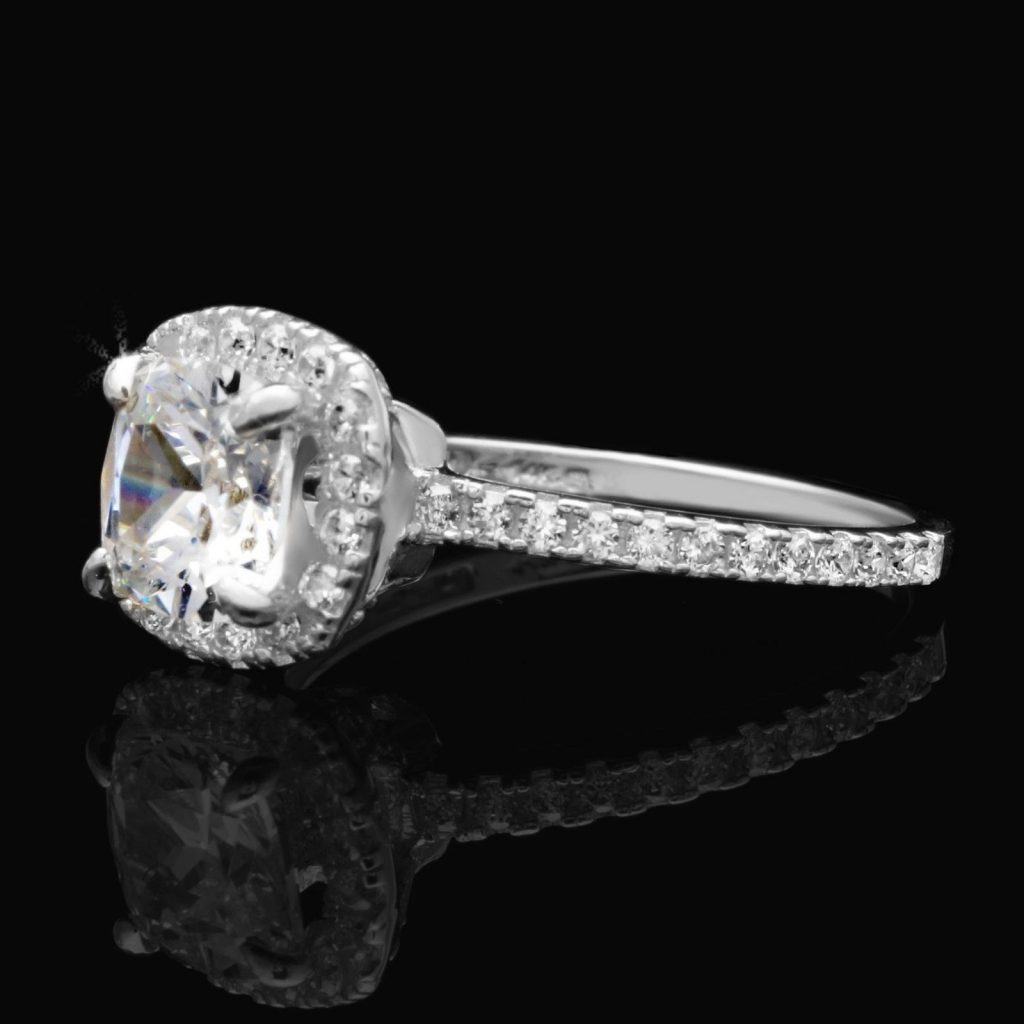 2Ct CZ Cushion-Cut 14K Gold White Halo Engagement Ring