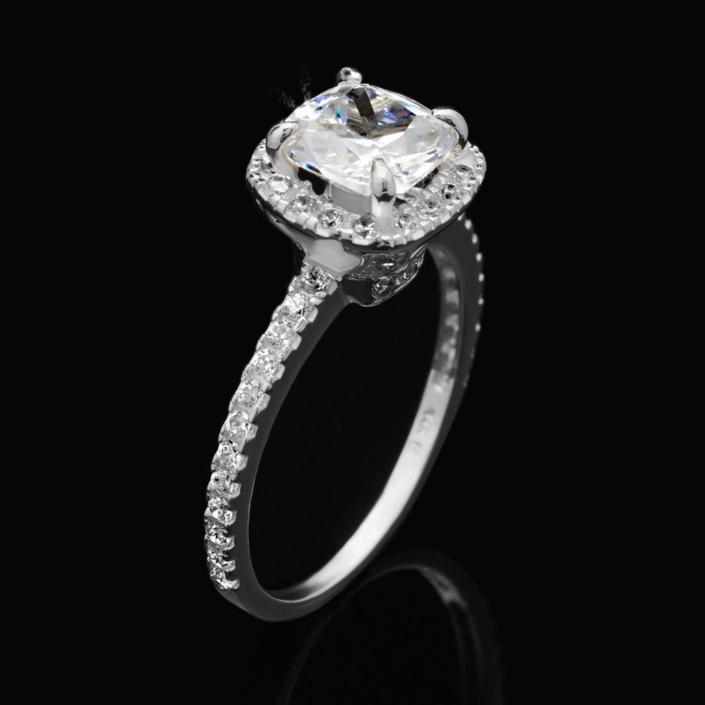 2Ct CZ Cushion-Cut 14K Gold White Halo Engagement Ring