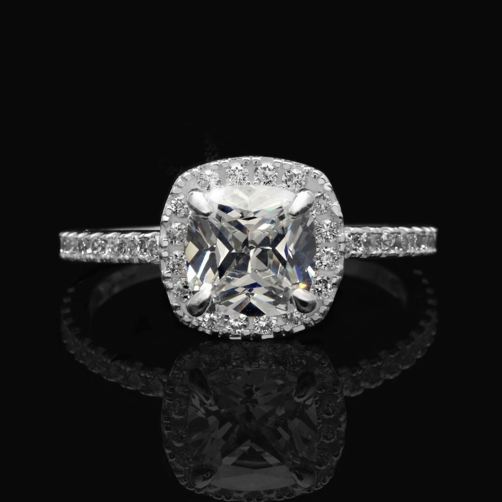 2Ct CZ Cushion-Cut 14K Gold White Halo Engagement Ring