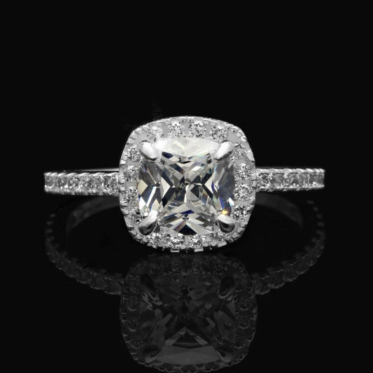 2Ct CZ Cushion-Cut 14K Gold White Halo Engagement Ring