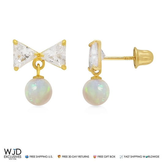 2CTW CZ 14K Yellow Gold White Fire Opal Bow Dangle Earrings