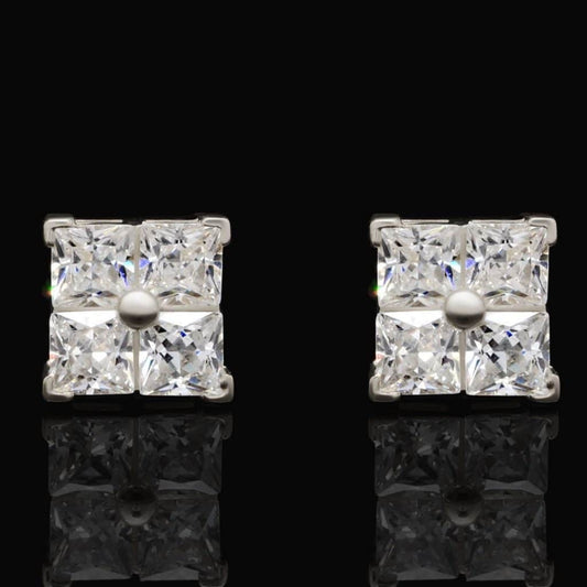 14K White Gold 2Ct Princess CZ Square Stud Earrings 7mm