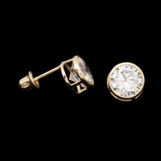 2CTW CZ 14k Yellow Gold Bezel Round Screw Back Stud Earrings 6mm
