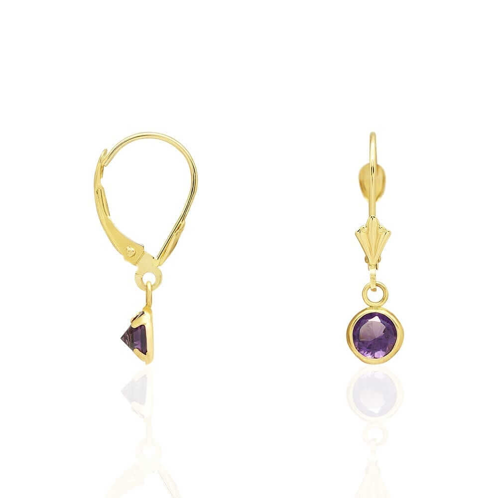 14k Yellow Gold Round Bezel Birthstone Drop Leverback Earrings
