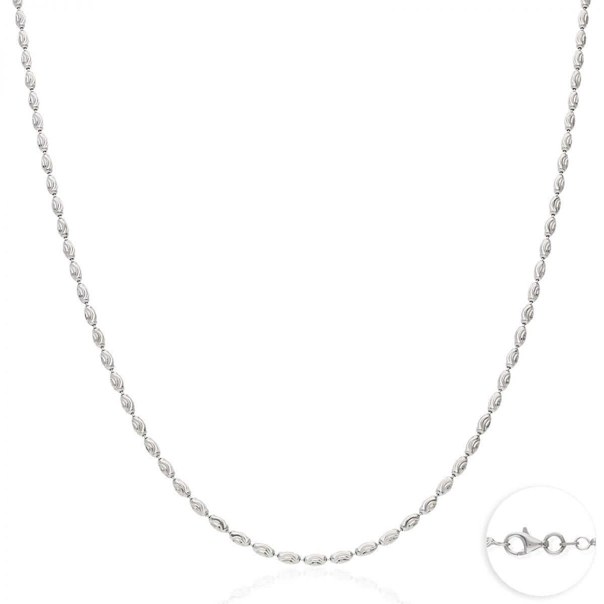 Sterling Silver 2mm-4mm White Half Moon-Cut Oval Barrel Beaded Chain (Solid Links) 18"-26"