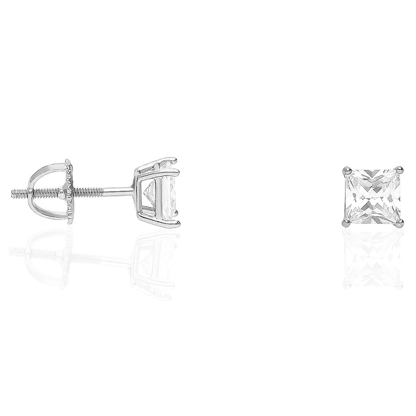 925 Sterling Silver Princess-Cut CZ Solitaire Screw Back Stud Earrings 0.5CT-6CT