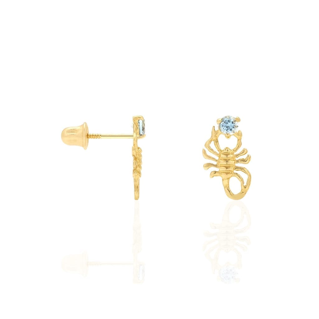 14K Yellow Gold Round Simulated Birthstone Scorpion Screw Back Stud Earrings