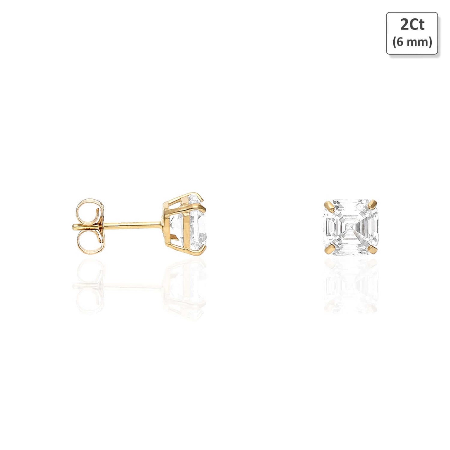 14K Yellow Gold Asscher-Cut CZ Push Back Stud Earrings 1.5Ct-6Ct
