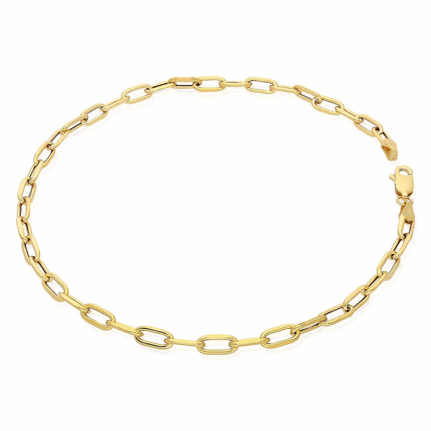 10K Solid Yellow Gold Elongated Paperclip 3mm-4mm Anklet 10"