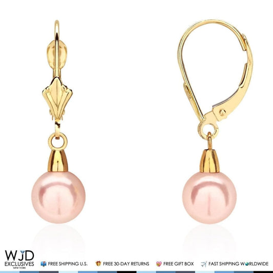 14K Yellow Gold 7mm Pink Pearl Leverback Dangle Earrings