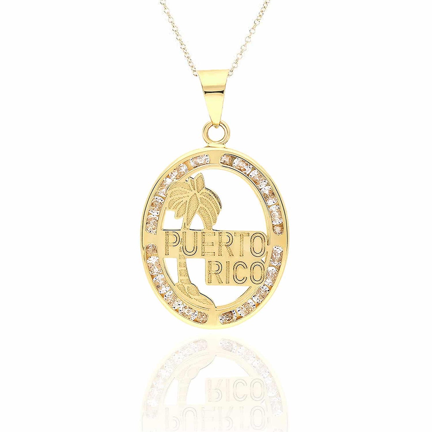 10K Real Gold CZ Puerto Rico Palm Tree Oval Shape Disc Pendant