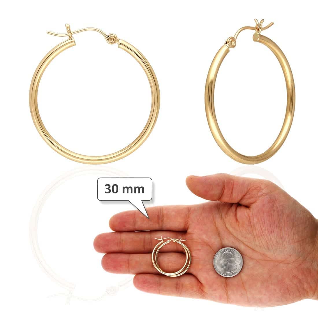14K Yellow White Gold 2mm Round Hoop Earrings 22mm-76mm