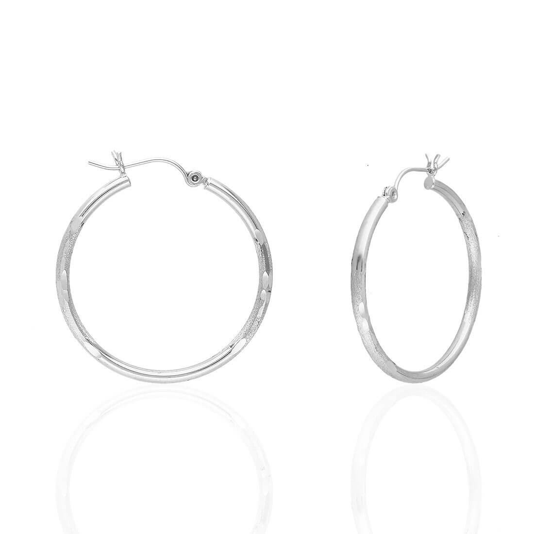 14K White Gold 2mm Diamond-Cut Round Hoop Earrings 22-76mm