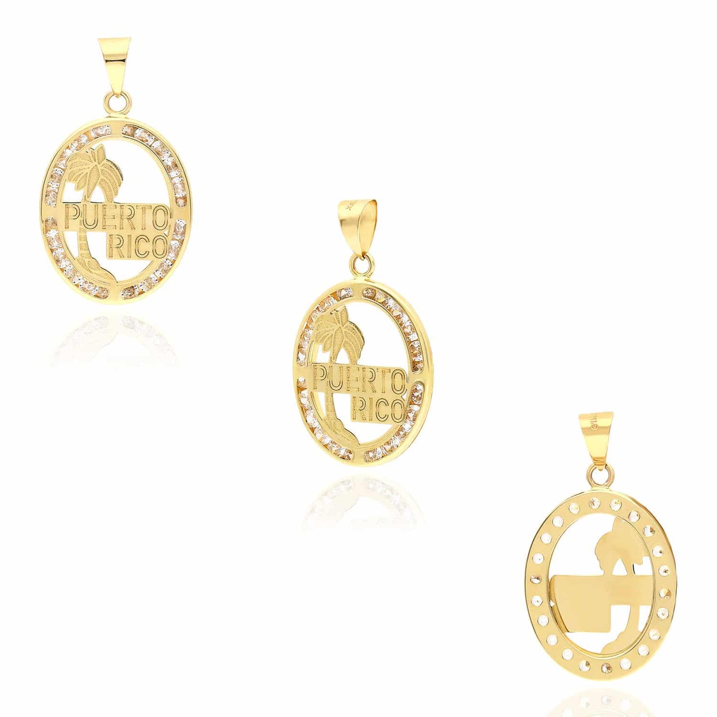 10K Real Gold CZ Puerto Rico Palm Tree Oval Shape Disc Pendant
