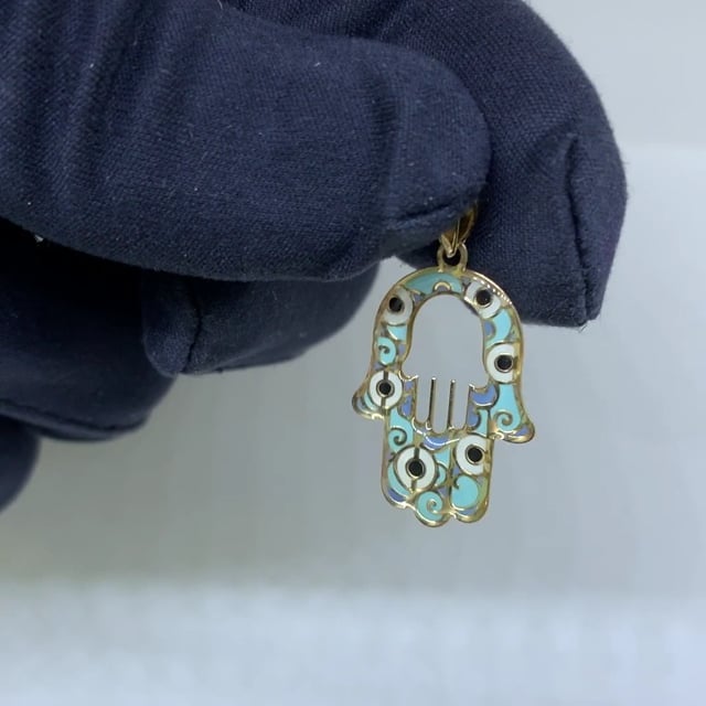 10k Yellow Gold Blue Enamel Evil Eye Swirl Hamsa Hand Of Fatima Pendant