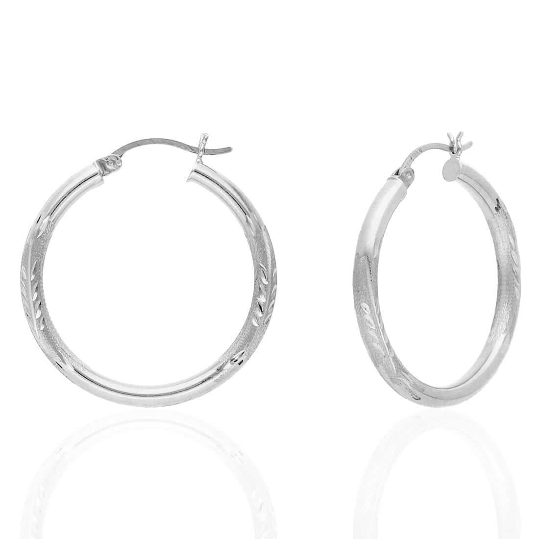 14K Solid Yellow & White Gold 3mm Diamond-Cut Finish Hoop Earrings 19-75mm