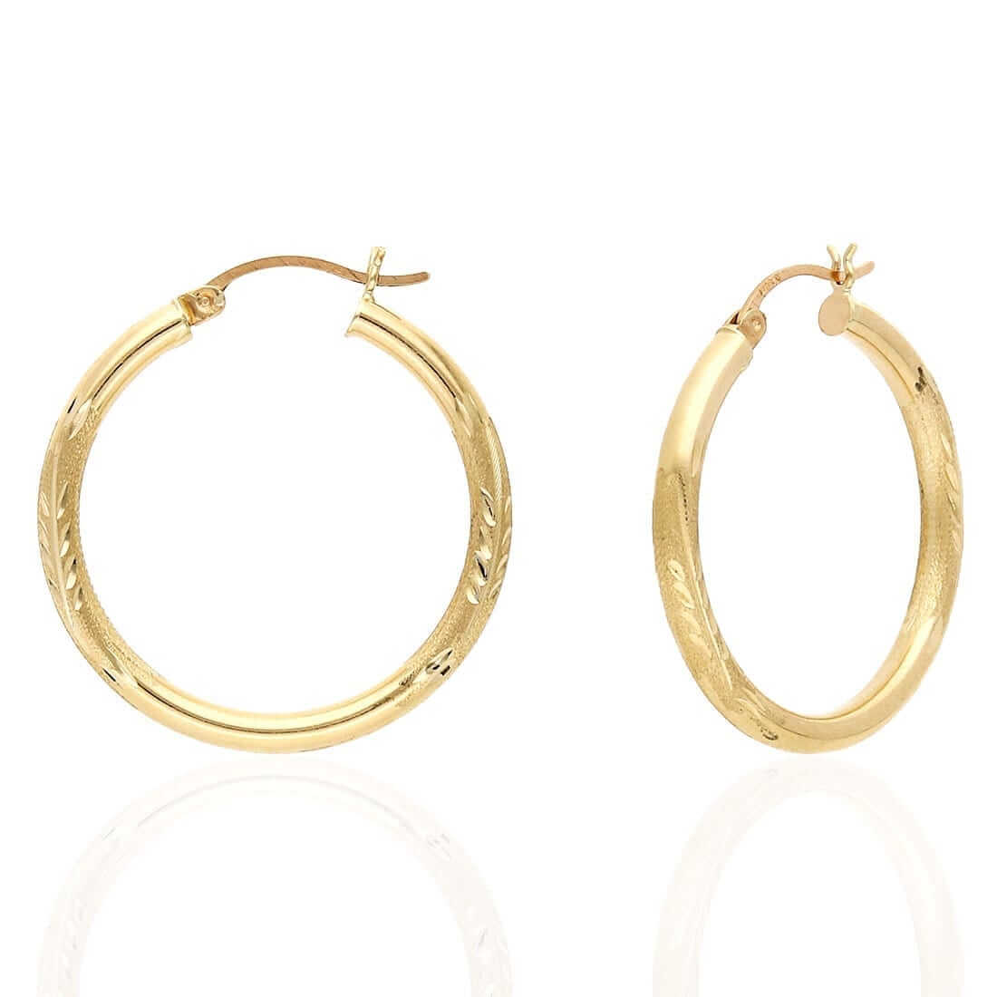 14K Solid Yellow & White Gold 3mm Diamond-Cut Finish Hoop Earrings 19-75mm