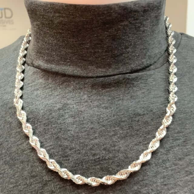 14K White Gold 7mm Diamond-Cut Rope Chain (Solid Links) 24"-30"