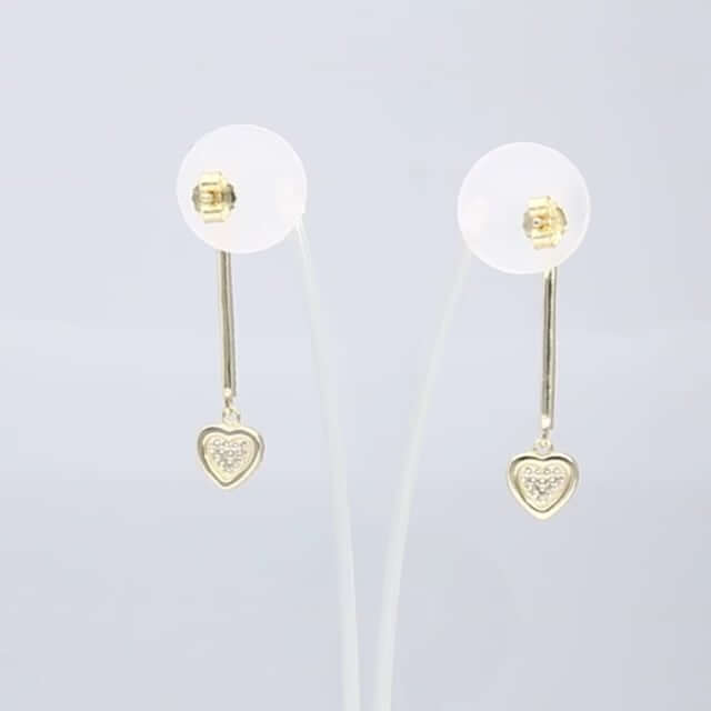 White Yellow Gold Over 925 Silver Pave CZ Pushback Bar Heart Earrings