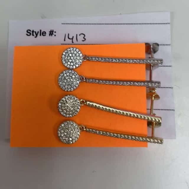 White Yellow Gold Over 925 Silver Pave CZ Pushback Bar Disk Earrings