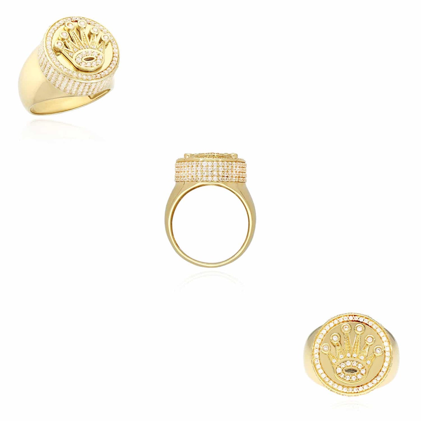 14K Gold Yellow CZ Crown Signet Mens Ring