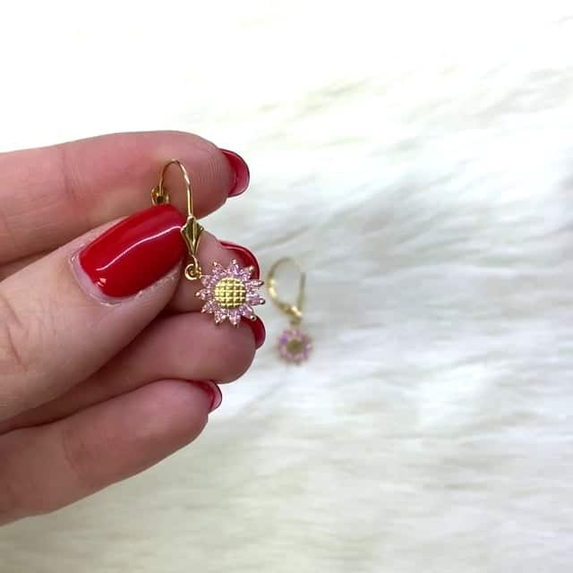Pink Tourmaline Sunflower Shaped Dangle Leverback Earrings 14K Solid Yellow Gold