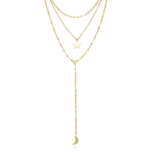 18K Gold Over Sterling Silver Moon and Star Layered Necklace (Solid Links) 15"-17"