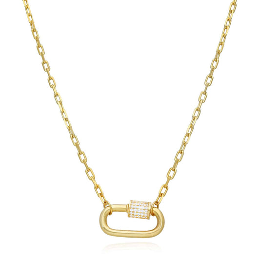 18K Gold Over Sterling Silver CZ Cable Chain Carabiner Necklace (Solid Links) 15"-17" Adjustable