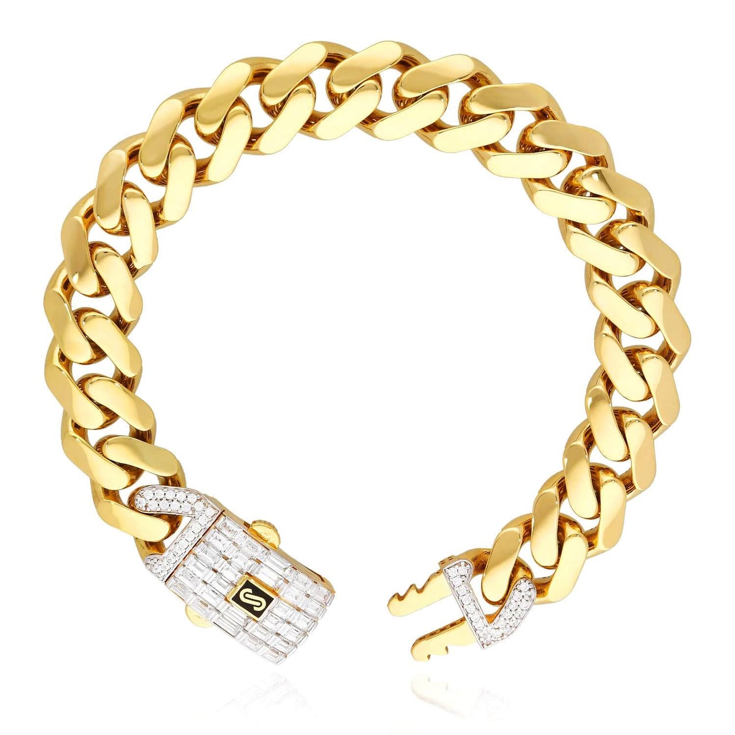 10K Yellow Gold Classic Plain with Swarovski Lock 13mm Miami Monaco Bracelet (Hollow) 8.5"