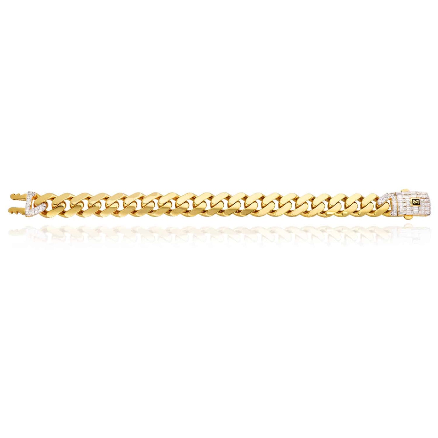 10K Yellow Gold Classic Plain with Swarovski Lock 13mm Miami Monaco Bracelet (Hollow) 8.5"