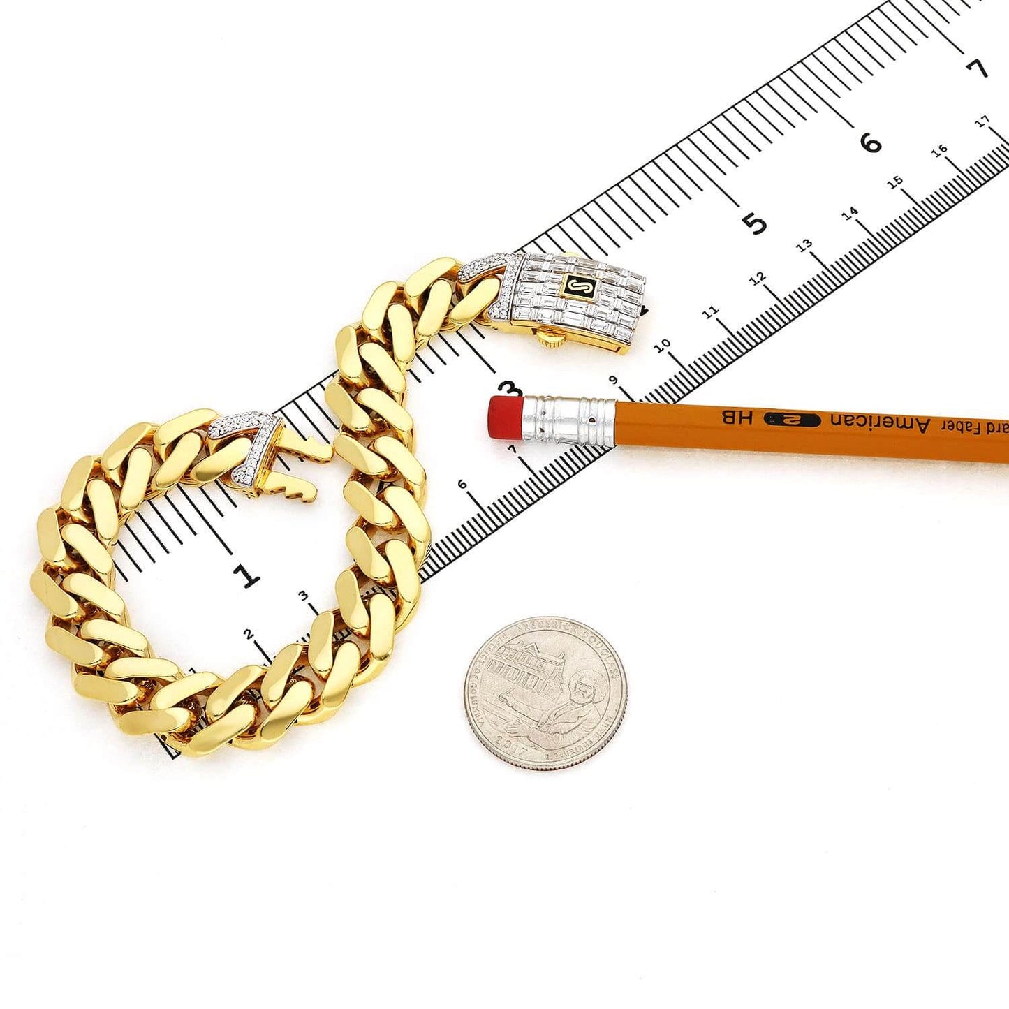 10K Yellow Gold Classic Plain with Swarovski Lock 13mm Miami Monaco Bracelet (Hollow) 8.5"