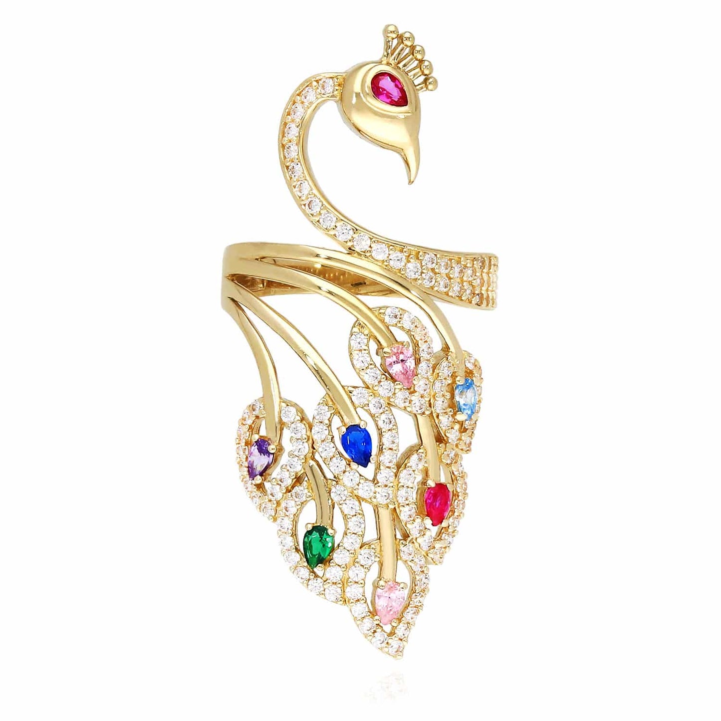 14K Yellow Gold Multicolor Simulated Gem Bird Peacock Cocktail Ring