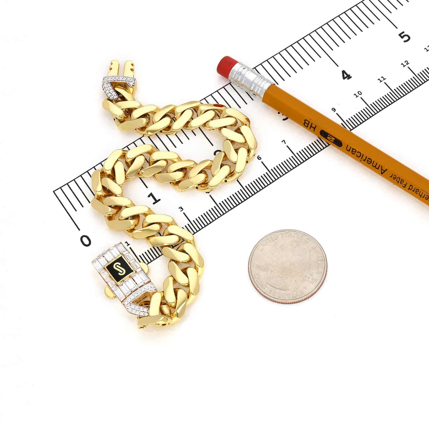 10K Yellow Gold Classic Plain with Swarovski Lock 11mm Miami Monaco Bracelet (Hollow) 8.5"