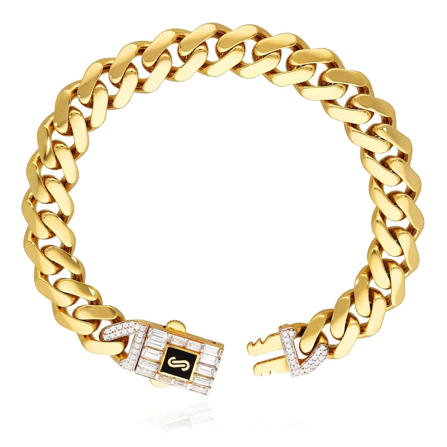 10K Yellow Gold Classic Plain with Swarovski Lock 11mm Miami Monaco Bracelet (Hollow) 8.5"