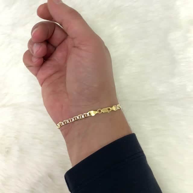 14K Yellow Gold Over Silver 5.2mm Diamond-Cut Pave Mariner Anchor Bracelet (Solid Links) 7"-9"