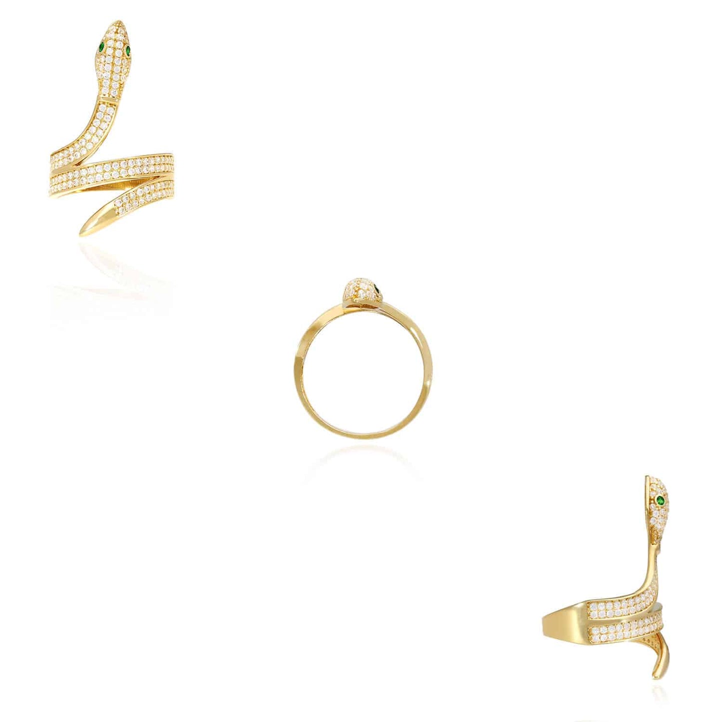 14K Yellow Gold 3.8CTW CZ Pave Emerald Green Eyes Snake Ring